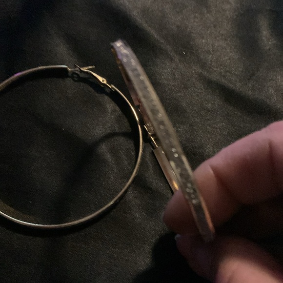 Gold Tone With Silver Shiny Center Hoop Earrings.      #011 - Picture 3 of 5